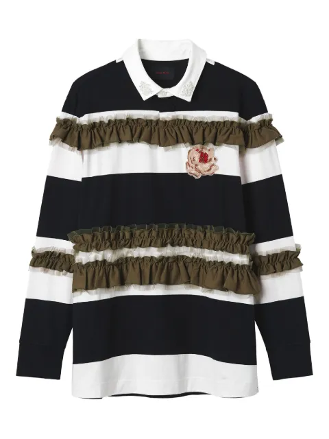 Simone Rocha ruffle-embellished striped polo shirt Black 5360TB1282STRIPEPLAINJERSEYBLACKMULTIPEARLROSE