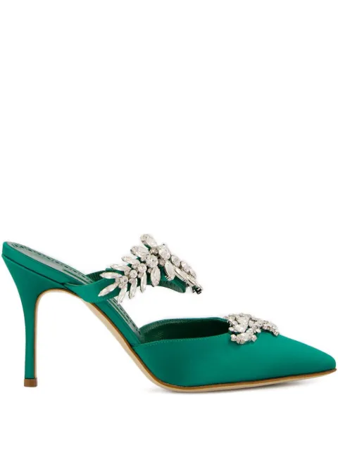 Manolo Blahnik 90mm crystal-embellished satin mules Green 9XX0362