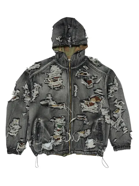 THUG CLUB Hell Denim ripped hooded denim jacket Grey TC25JK2302