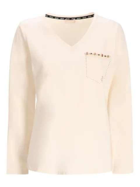 LIU JO embellished V-neck long-sleeved T-shirt Neutrals TF5170JS003