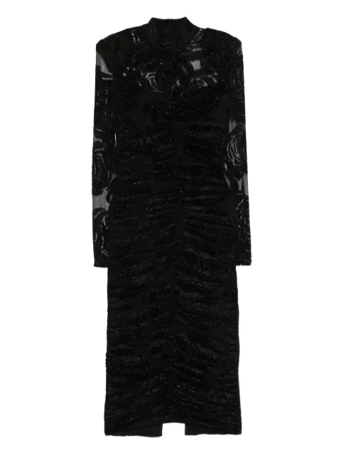 NISSA rose-print gathered midi dress Black RS16107