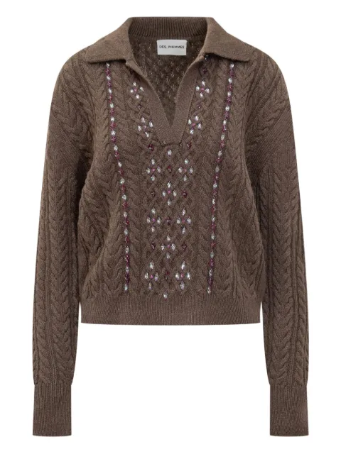DES PHEMMES cable-knit embellished polo-neck top Brown D735KW