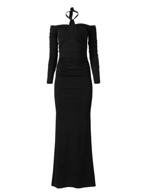 MOOS STUDIO Shadow Spiral off-shoulder fishtail maxi dress Black MOOS173