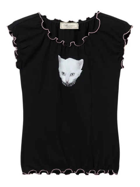 Blumarine cat-print ruffled T-shirt Black 2T117A