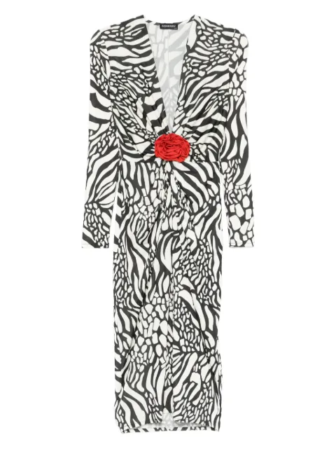 ROSERRY Malllorca rose-embellished zebra-print midi dress Black MALLORCAMIDI