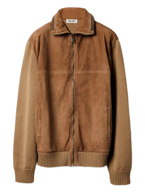 Miu Miu suede-insert ribbed cardigan Brown MMJ150SOOO177Q
