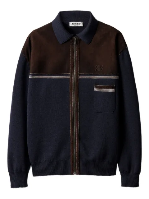 Miu Miu wool and leather zipper cardigan Blue MMJ149SOOO18HN