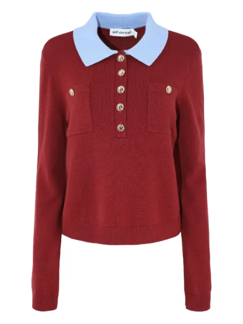 Self-Portrait patch-pockets knitted polo top Red AW25021TABURGUNDY