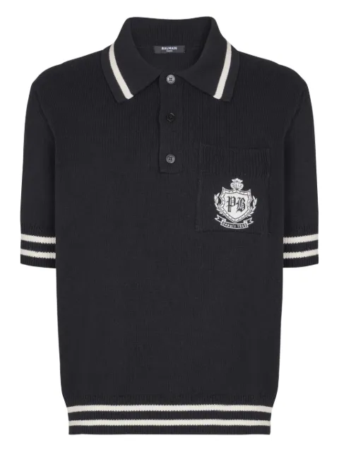 Balmain emblem-logo knit polo shirt Black FH0GB046KJ18