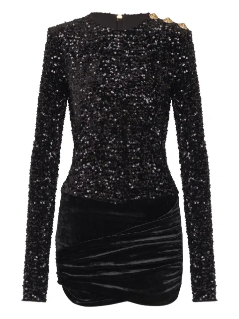 Balmain short draped dress with sequins and velvet Black FF0R9372MH86