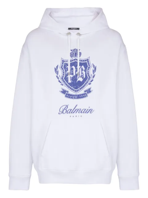 Balmain College Emblem print hoodie White FH0JT255GF30