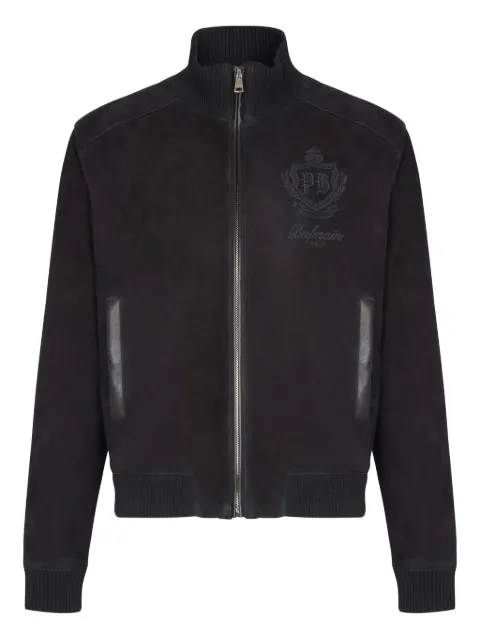 Balmain embroidered-emblem suede jacket Black FH0TFA87LD91