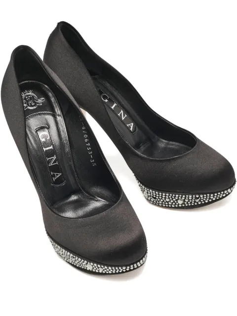 Gina Pre-Owned 115mm crystal-embellishment satin heeled pumps Black 1144864