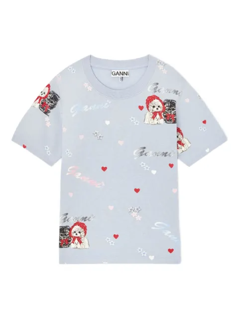 GANNI cat-print short-sleeve top White T4416