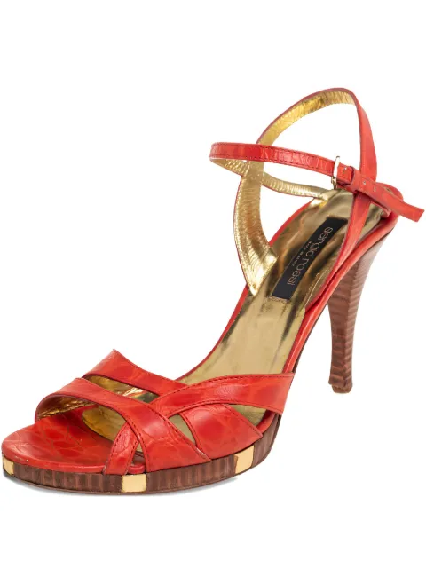 Sergio Rossi Vintage 2024 Croc Embossed Platform Sandals Orange 444579