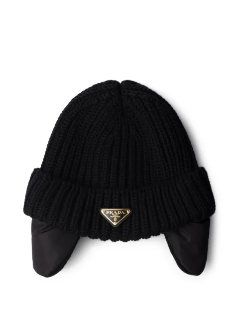 Prada triangle-logo knitted beanie hat Black 1HC4482DZK