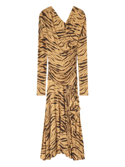 GANNI tiger-print draped midi dress Neutrals T4381