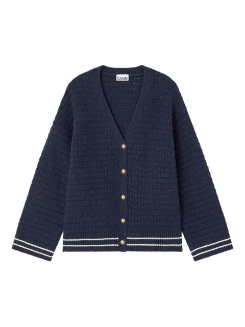 GANNI stripe-trim textured-knit cardigan Blue K2634