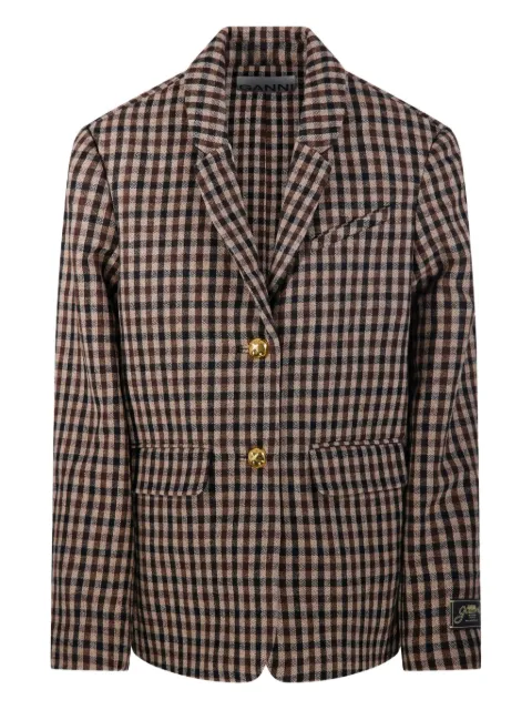 GANNI gingham check buttoned blazer Brown W0426