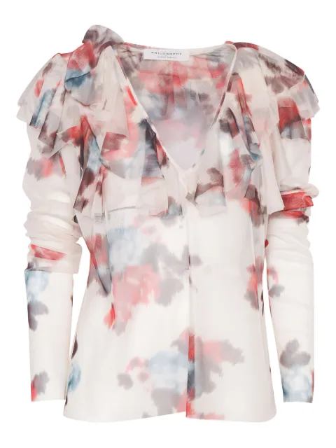 Philosophy Di Lorenzo Serafini Kids ruffled-neckline floral-print blouse White 2140755