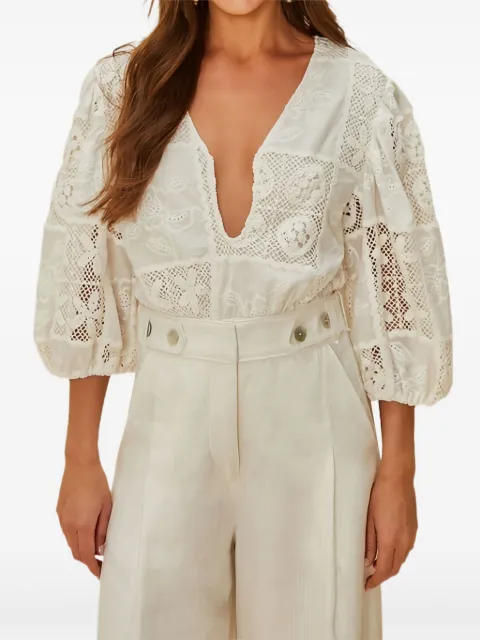 FARM Rio eyelet-details puff-sleeve bodysuit White 335864