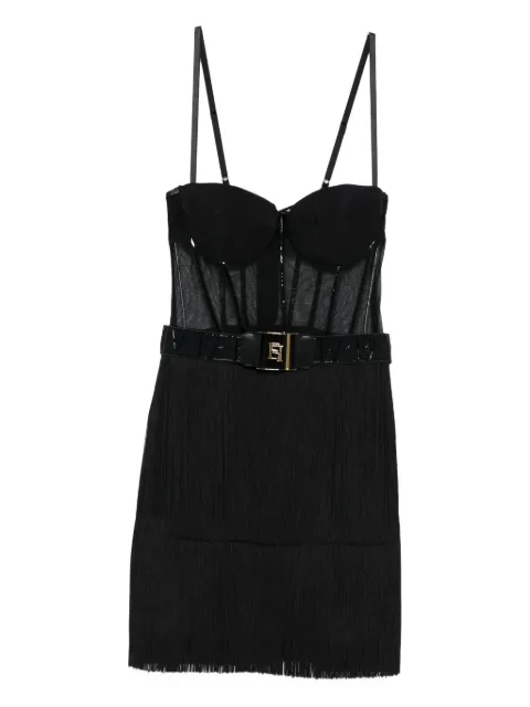 Elisabetta Franchi Tulle mesh-panel fringed dress Black AB82556E2