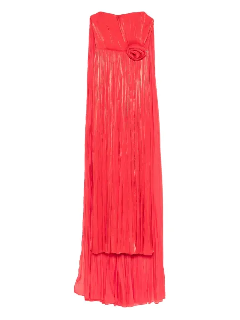 NISSA pleated rose-embellished asymmetric evening dress Red RS16028RED