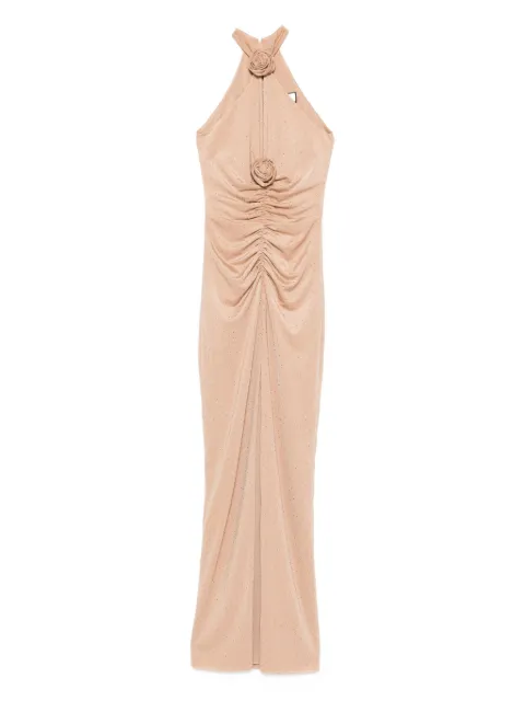 NISSA rose-embellished ruched maxi evening dress Neutrals RS15833