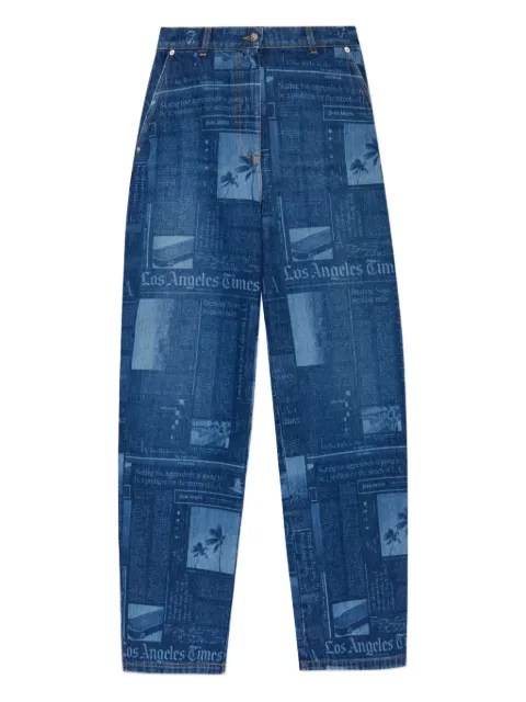 Palm Angels newspaper-print cotton jeans Blue PWYB040F25DEN0014442