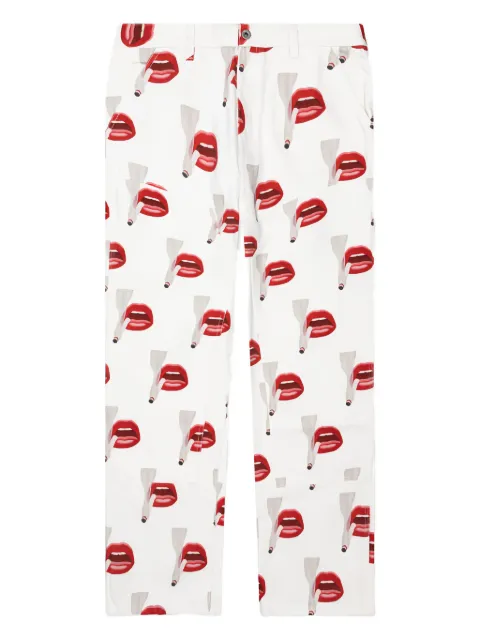 Emotionally Unavailable x Tom Wesselmann smoking lips-print trousers White EUFW22PT02