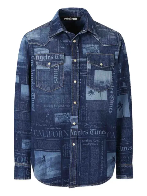 Palm Angels newspaper-print denim shirt Blue PMYD019F25DEN001