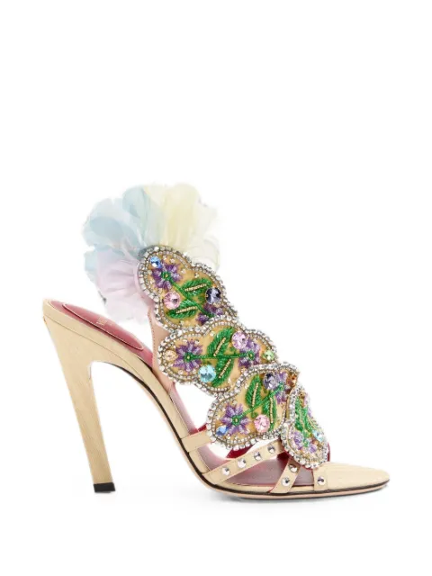 Valentino Garavani Dans Le Foyer sandals in moiré fabric with floral embroidery and feathers 105mm Yellow WS0MZ0PYA