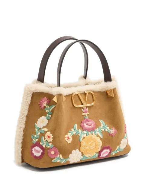Valentino Garavani small shopping bag in embroidered suede with sheepskin lining Neutrals WB0S71JYI