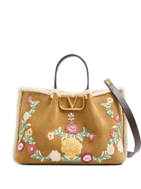 Valentino Garavani medium VLogo-signature floral-embroidered suede tote bag Neutrals WB0R44JYI