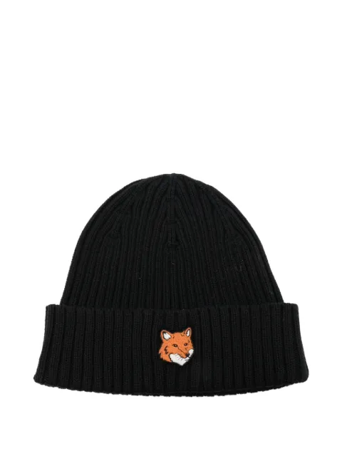 Maison Kitsuné Fox Head ribbed-knit beanie hat Black PM06111KT1140