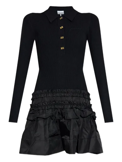 GANNI ribbed ruffled-skirt mini dress Black K2523