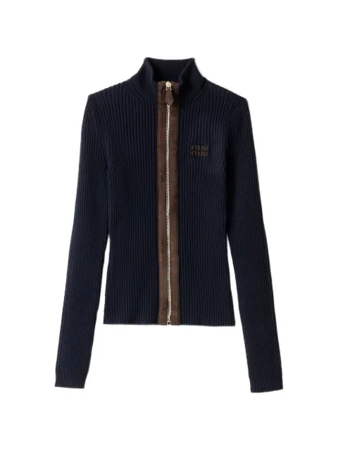 Miu Miu cashmere and leather zipper cardigan Blue MMF992SOOO1747