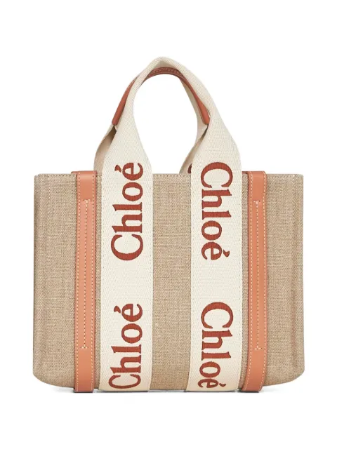 Chloé small Woody logo-detail linen tote bag Neutrals CHC23AS397L17