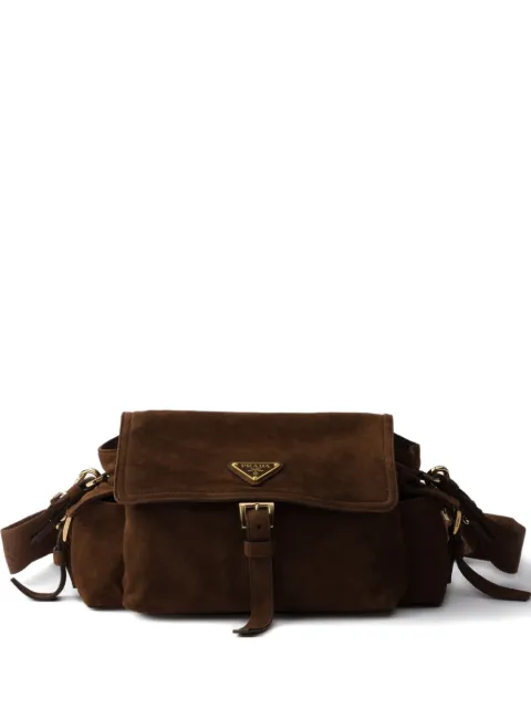 Prada Explore medium suede shoulder bag with flap Brown 1BD394VNOO008