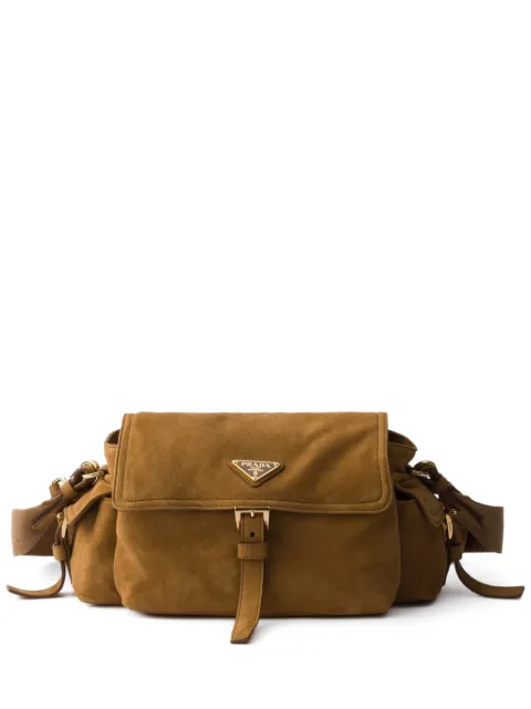 Prada Explore medium suede shoulder bag with flap Brown 1BD394VNOO008