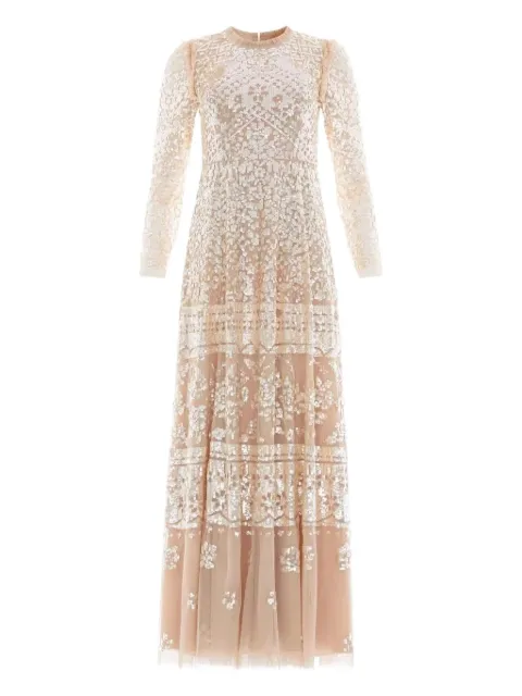 Needle & Thread Aurora sequin-embellished tiered gown Neutrals DGLS06RPF25BUG