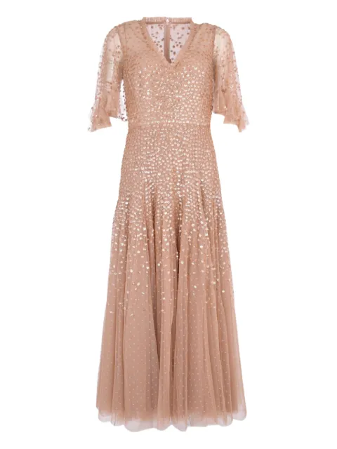 Needle & Thread Dappled Sequin Cape V-neck maxi dress Neutrals DGCP23RPF25RSW