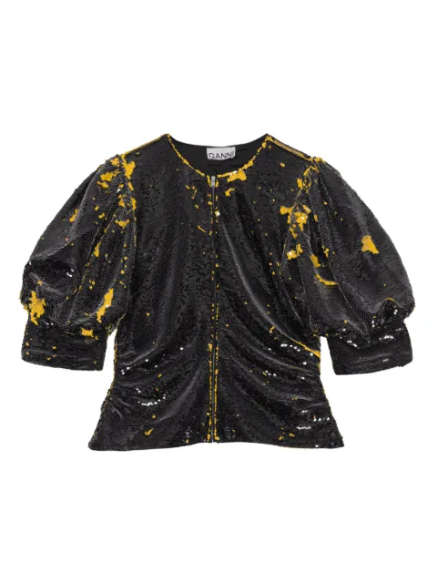 GANNI sequinned puff-sleeve blouse Black F7554
