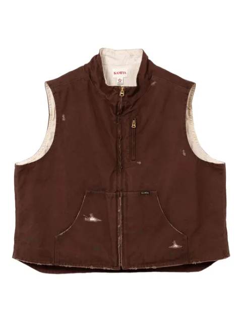 KAMIYA Boro distressed zip-up vest Brown G13VT025
