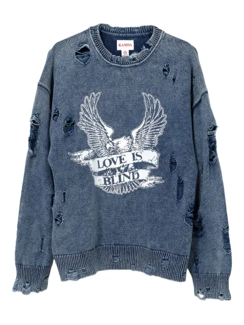 KAMIYA eagle-print distressed-knit sweater Blue G13PO053