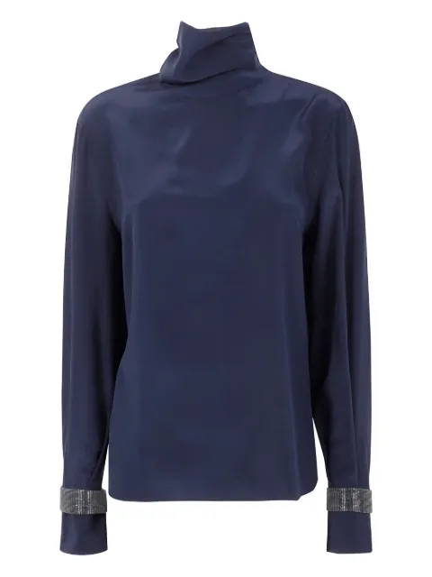 Brunello Cucinelli high-neck embellished-cuff blouse Blue MB993EK714C7186