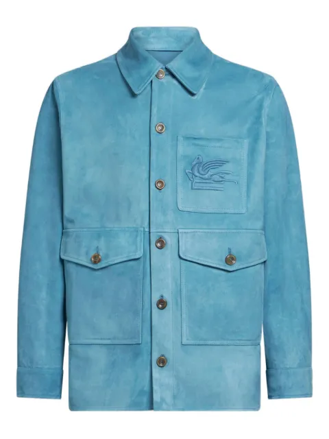 ETRO pegasus-embroidered suede shirt jacket Blue MROA0017AP338