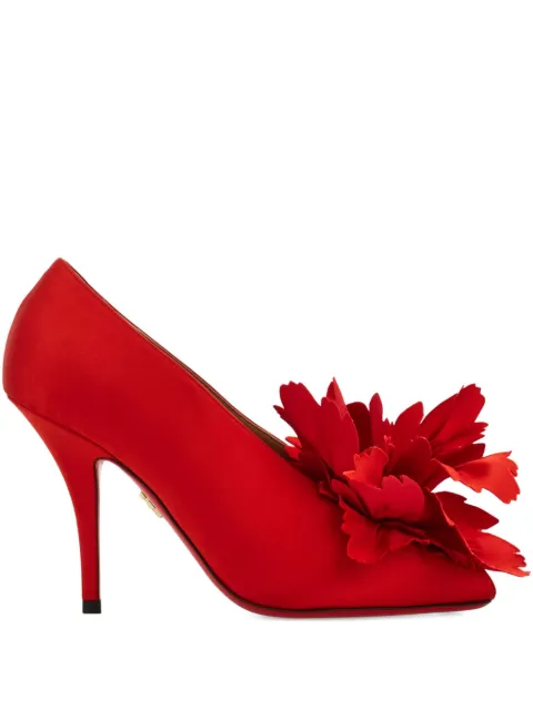 Ferragamo 90mm flower-appliqué satin pumps Red 787583