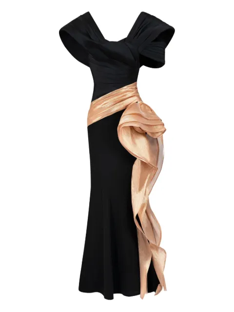 Gaby Charbachy pleated-panel draped-hem evening gown Black GCS1910