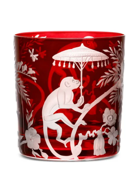 Artel Chinoiserie Monkey etched glass tumbler Red G210CHM1RE